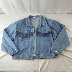 Vtg Cropped Denim Fringe Jean jacket country Sz M rhinestones Cowgirl Shoulder*